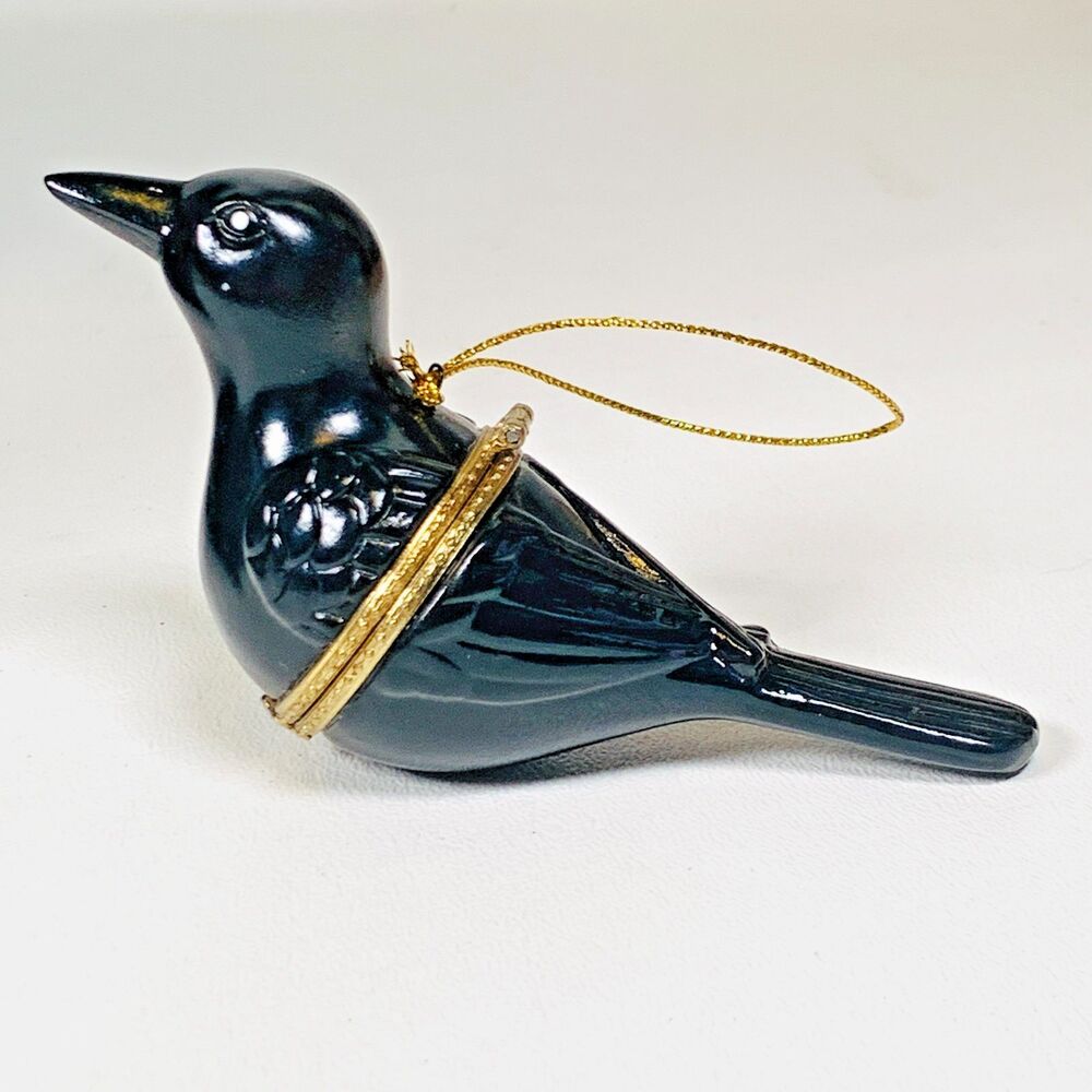 Black Crow Raven Porcelain Hinged Surprise Gift Trinket Box Christmas Ornament